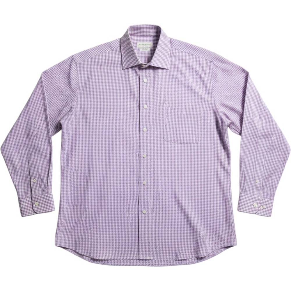 Ermenegildo Zegna Mens Purple Micro Check Dress Shirt 18.5 47 Cotton Long Sleeve